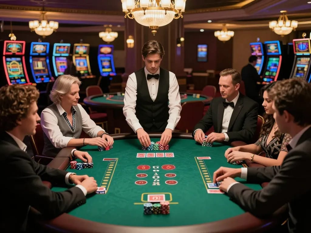 Players engaging at nhà cái lc88 poker table, showcasing vibrant casino atmosphere with strategic gameplay.