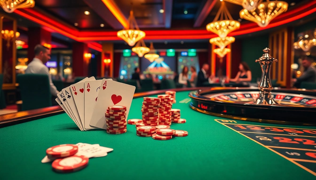 Experience the thrill of high-stakes poker with KJC Pro's vibrant casino scene, featuring poker chips and cards.
