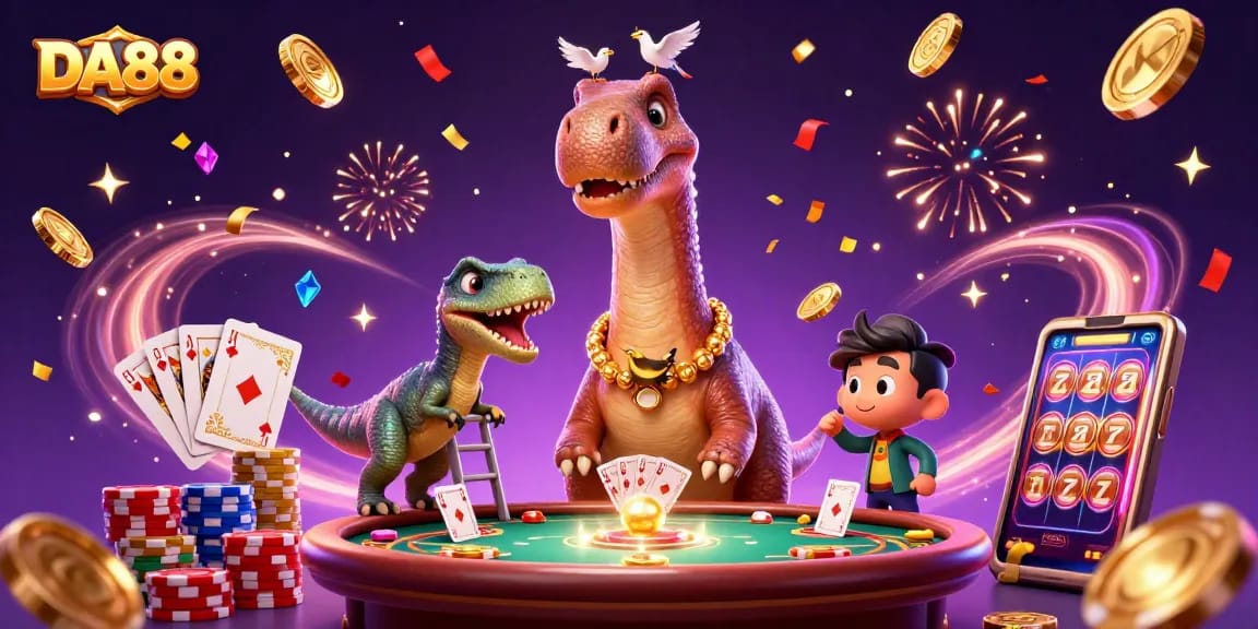 Engage with DA88's thrilling casino world featuring a giant brontosaurus, raptor card dealer, and vibrant gaming elements.