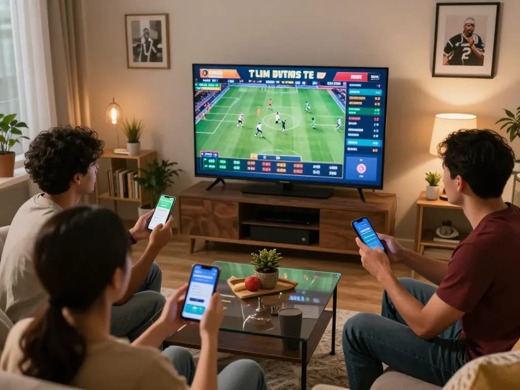 Engaged friends using sx88.com for live sports betting, celebrating their winning bets together in a cozy home setting.
