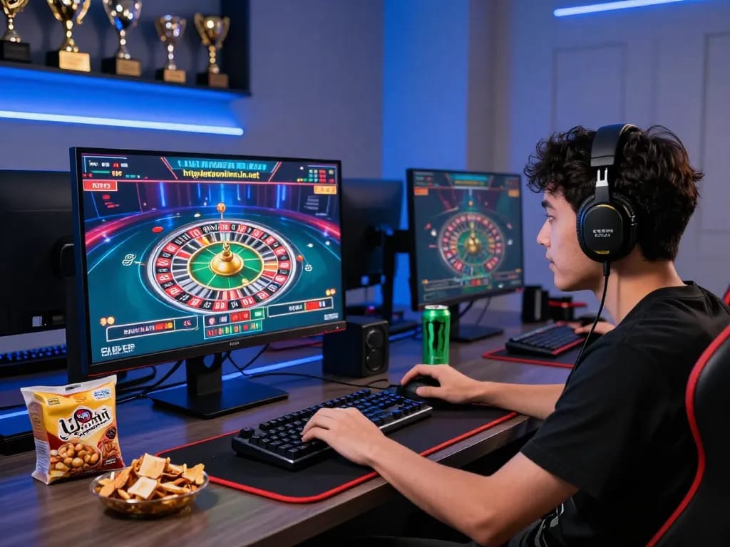 Exciting gaming experience at https://ledaonline.in.net/ with a player engaging in live casino gameplay surrounded by modern gaming setup.
