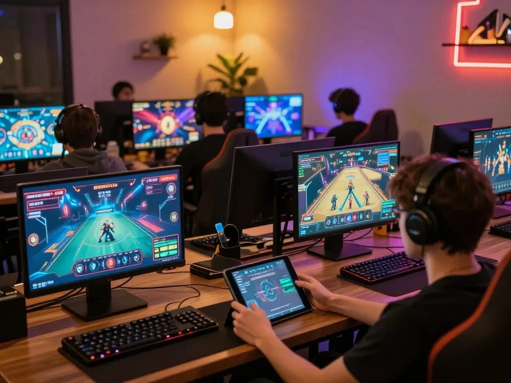 I9BET players engaging in thrilling online games on their devices, showcasing vibrant betting graphics.