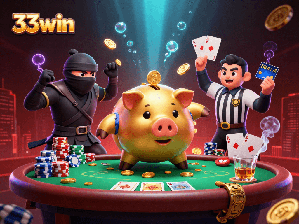 33win showcases an intense 3D casino battle featuring vibrant characters in action with cards and chips.