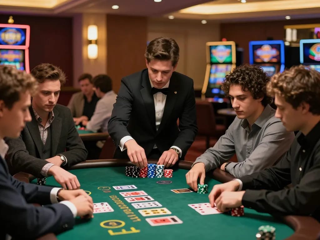 33win players immersed in an intense blackjack game, fostering excitement at the casino.