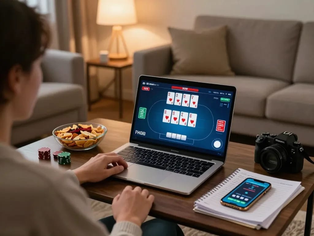Player enjoying F8BET online poker game on a laptop in a cozy living room setup