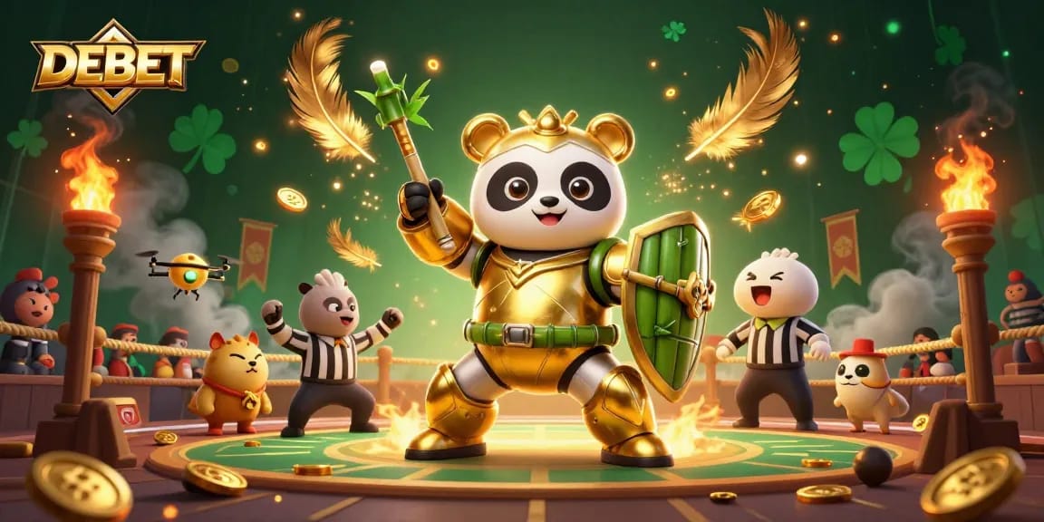 Bettors engage with DEBET in an action-packed sports betting scene featuring a golden panda robot.