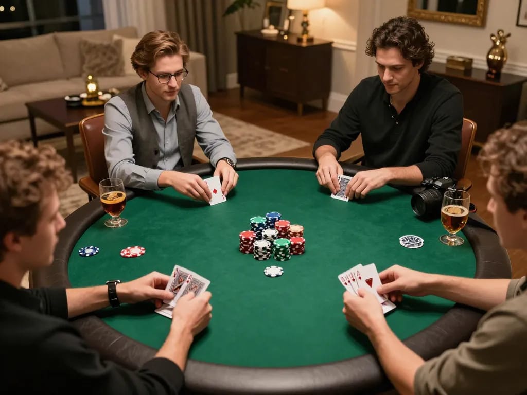 Engaging poker game scene representing strategic gameplay at https://da88.navy/, highlighting player interaction and lavish home ambiance.