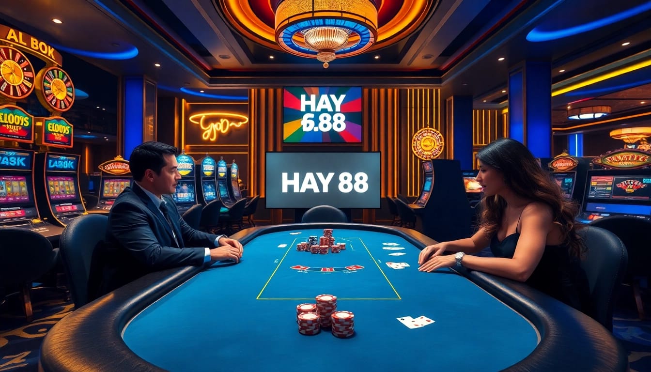 Players enjoying an exciting game at HAY 88 casino with vibrant poker tables and slot machines.