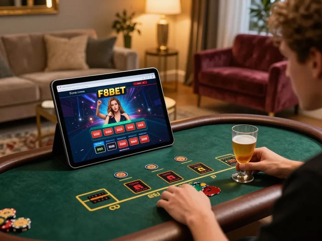 Engaging with F8BET casino on tablet in a cozy home setup, highlighting online gaming.