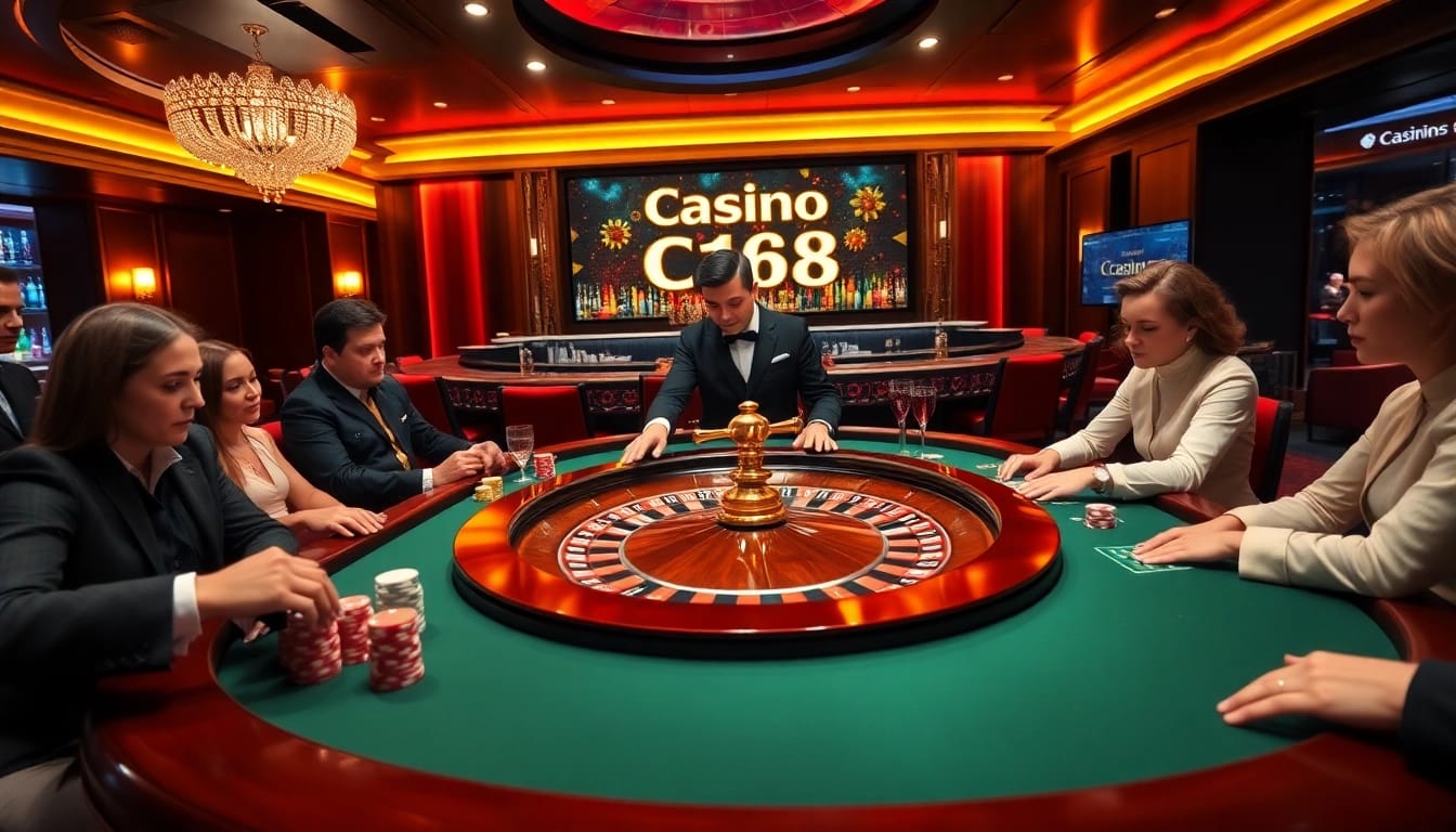 Exciting casino c168 scene featuring a roulette table and vibrant players stacking colorful chips.