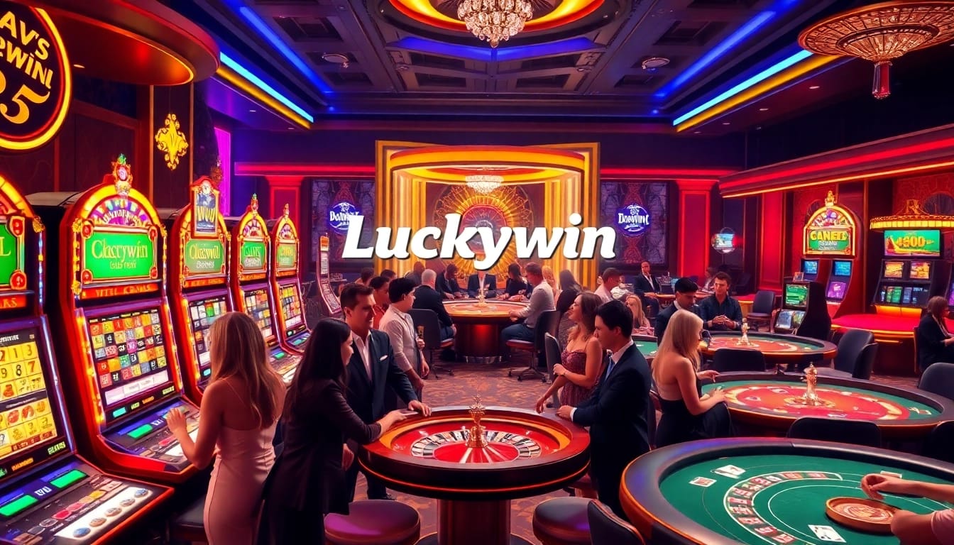 Players enjoying vibrant casino games at Luckywin with slot machines and poker tables.