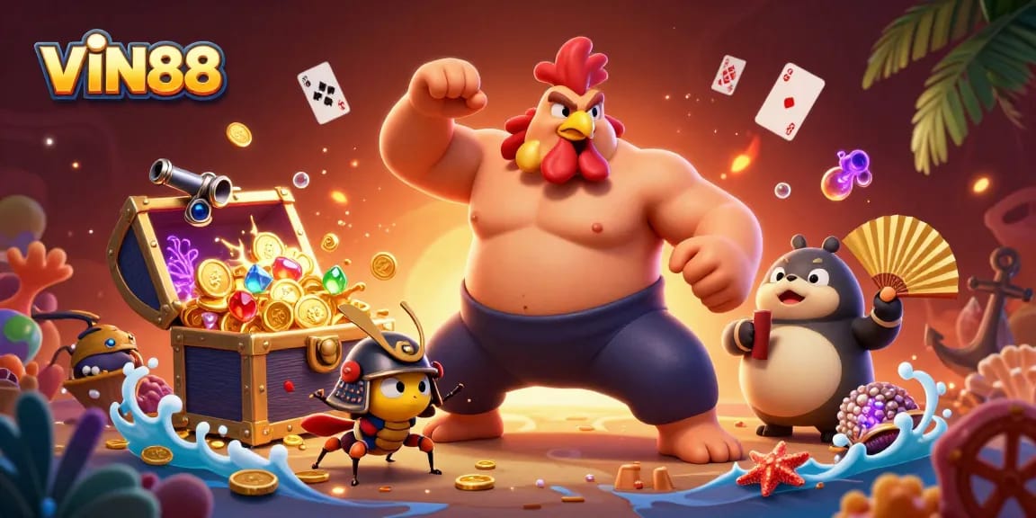 Join VIN88 for thrilling gameplay featuring cartoon characters, vibrant treasures, and engaging casino elements.