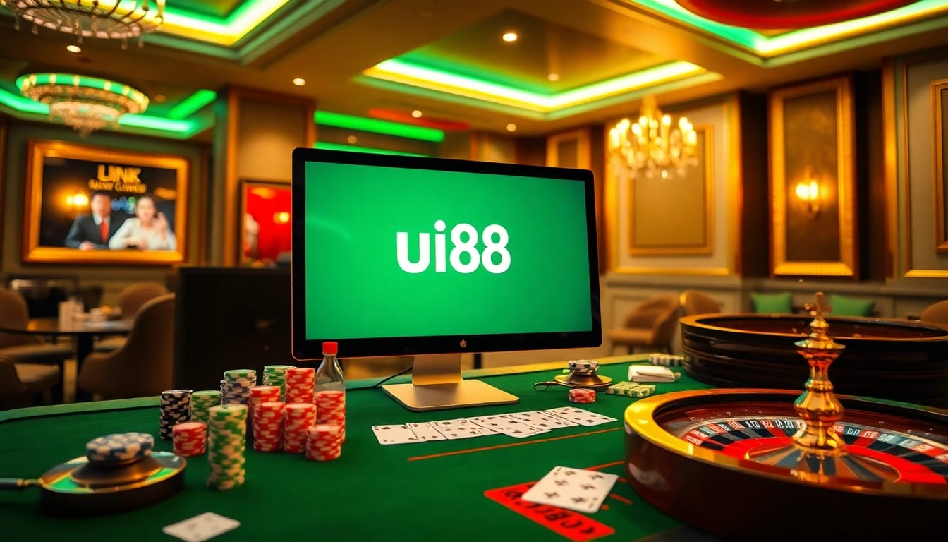 Experience vibrant gameplay at link uu88 with an elegant casino scene featuring cards, chips, and roulette.