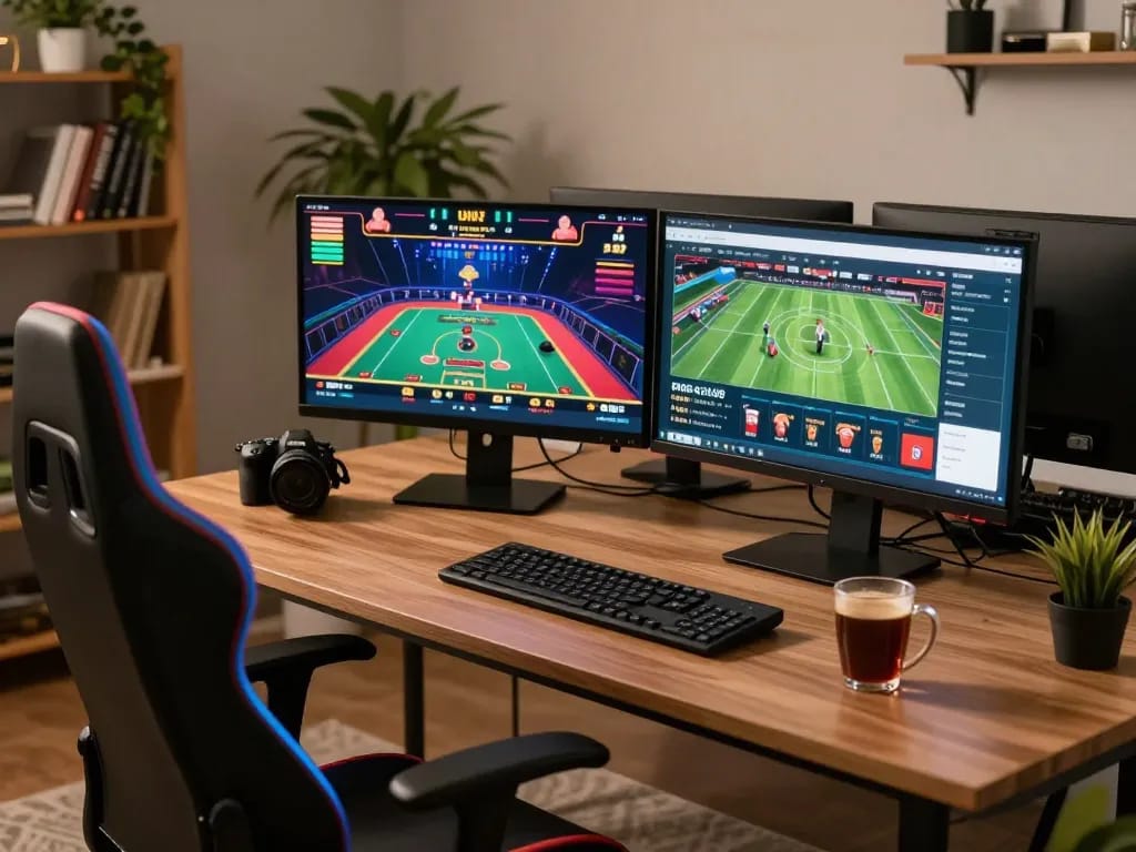 Person engaging with online gaming at https://loto188b.asia/ on dual monitors, showcasing live dealer excitement and sports betting action