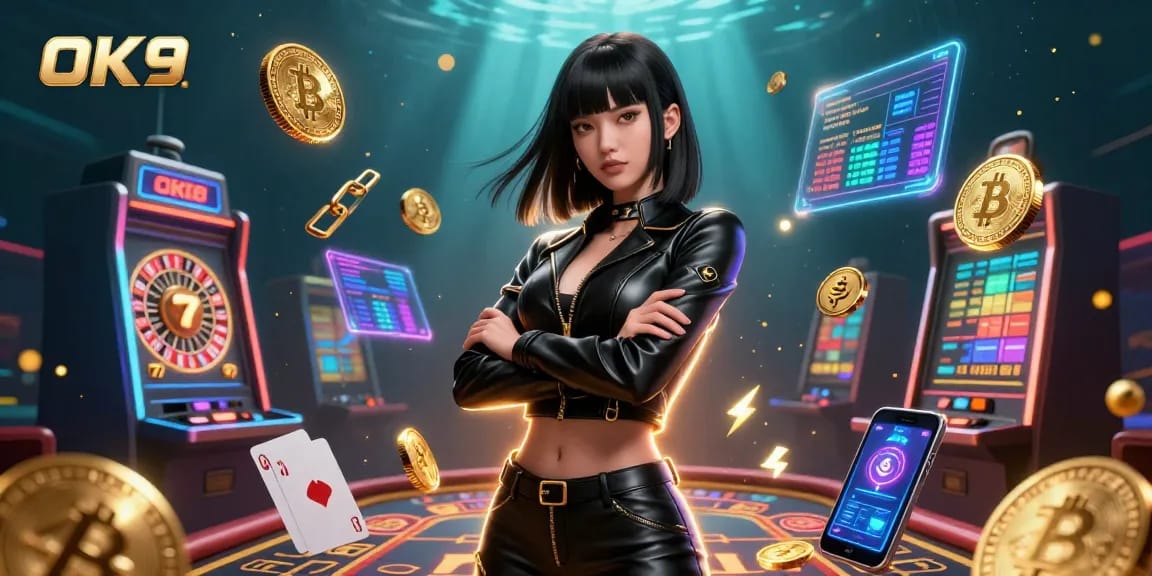 Join the action at OK9 as a stunning Asian woman surrounded by casino game elements takes center stage in a futuristic atmosphere.