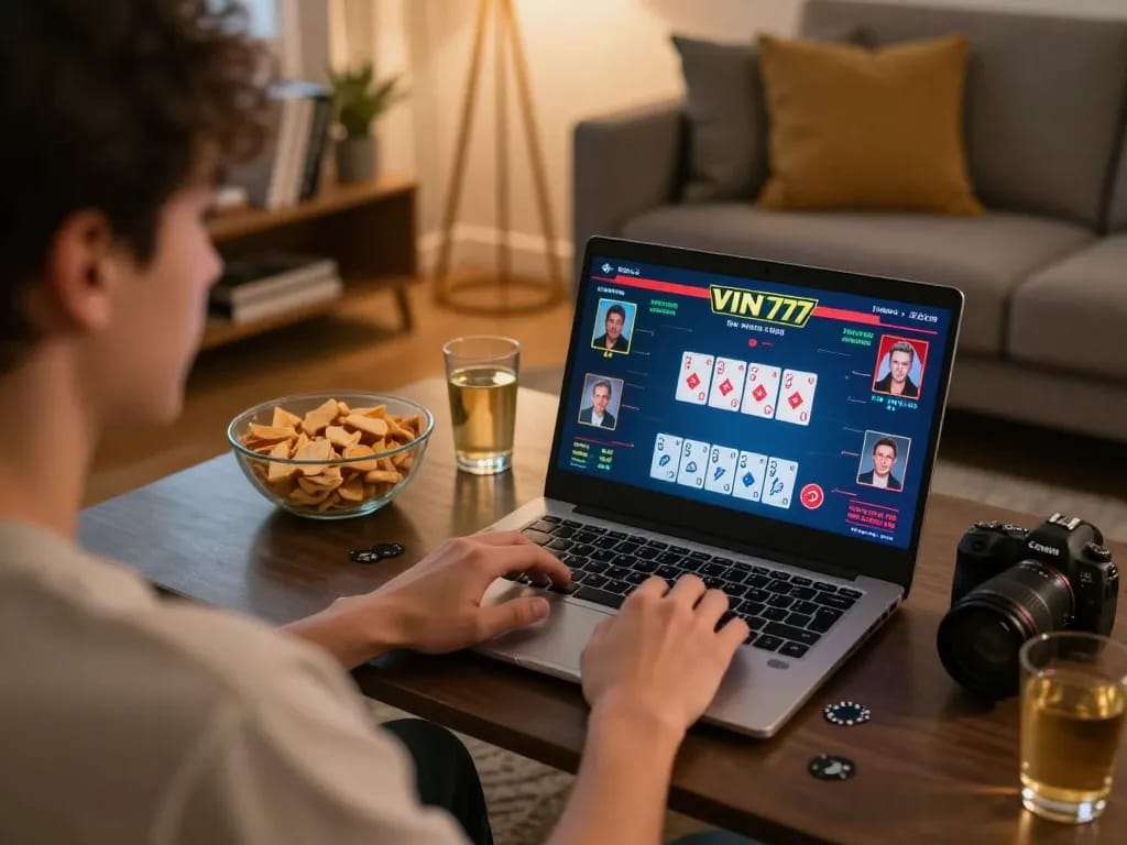 Engaging home poker scene showcasing VIN777 gameplay on laptop, emphasizing strategy and excitement.