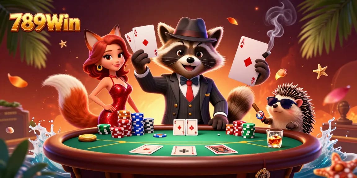 Experience the excitement of 789Win with dynamic poker action featuring unique characters and a vibrant casino atmosphere.