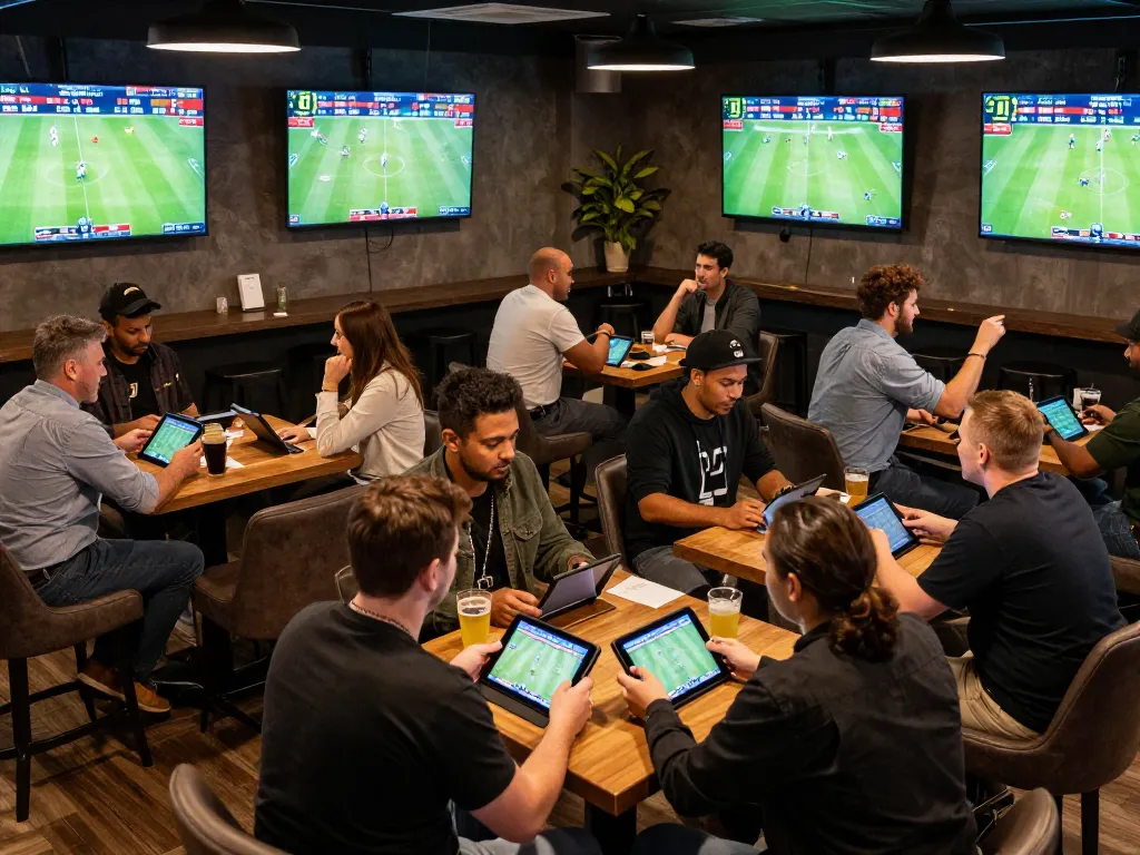Soi keo nha cai bets being placed by enthusiastic sports fans in a vibrant lounge atmosphere.