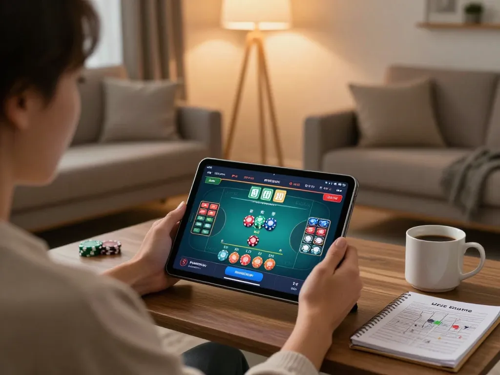 Experience strategic gameplay at nhà cái bl555 in a cozy home setting with online poker and betting notes.