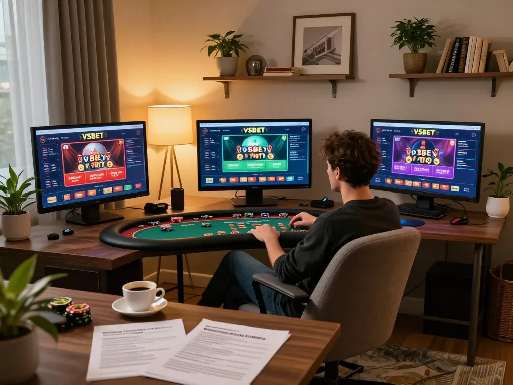 Engaging in strategic online gaming at VSBET with multiple screens displaying casino games, showcasing a cozy home atmosphere.