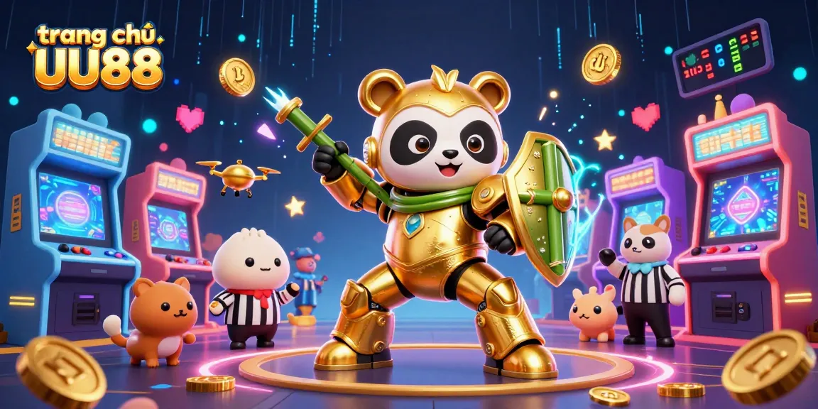 Experience the excitement of trang chủ UU88 with a vibrant scene of animated characters amidst colorful arcade elements.