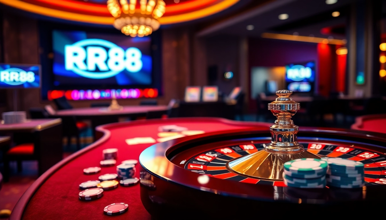 Experience the thrill of RR88 casino with vibrant poker chips and a luxurious roulette wheel.