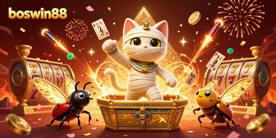 Gambarlah suasana boswin88 dengan kucing mummy 3D dan elemen slot yang fantastis.
