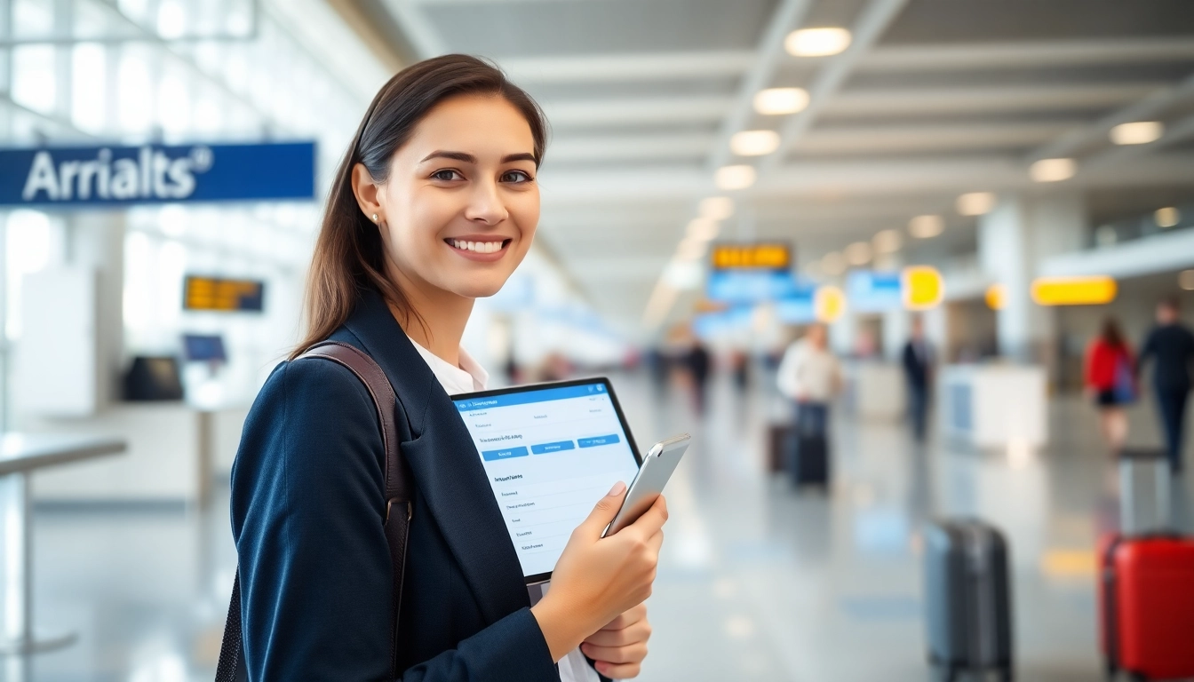 Check traveler using the eta application uk on a device at the airport terminal.
