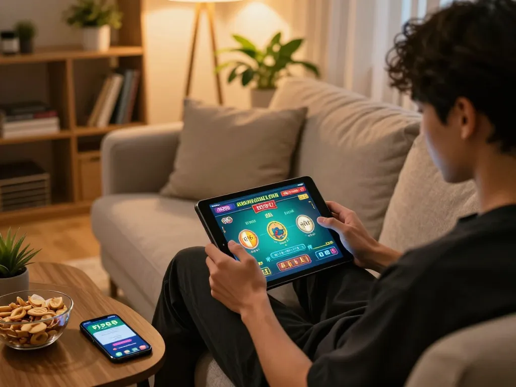 Engaged player using the fly88 app on a tablet during an online casino session