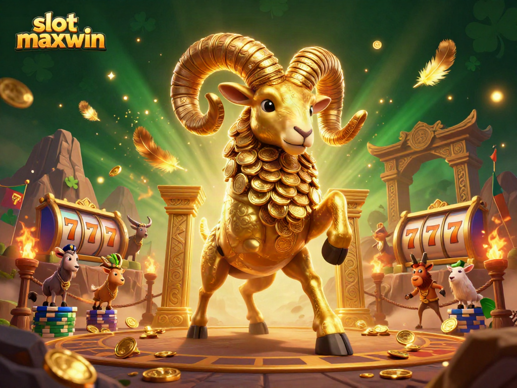 Join the excitement of slot maxwin with a golden ram amid swirling gold coins in a vibrant casino scene.