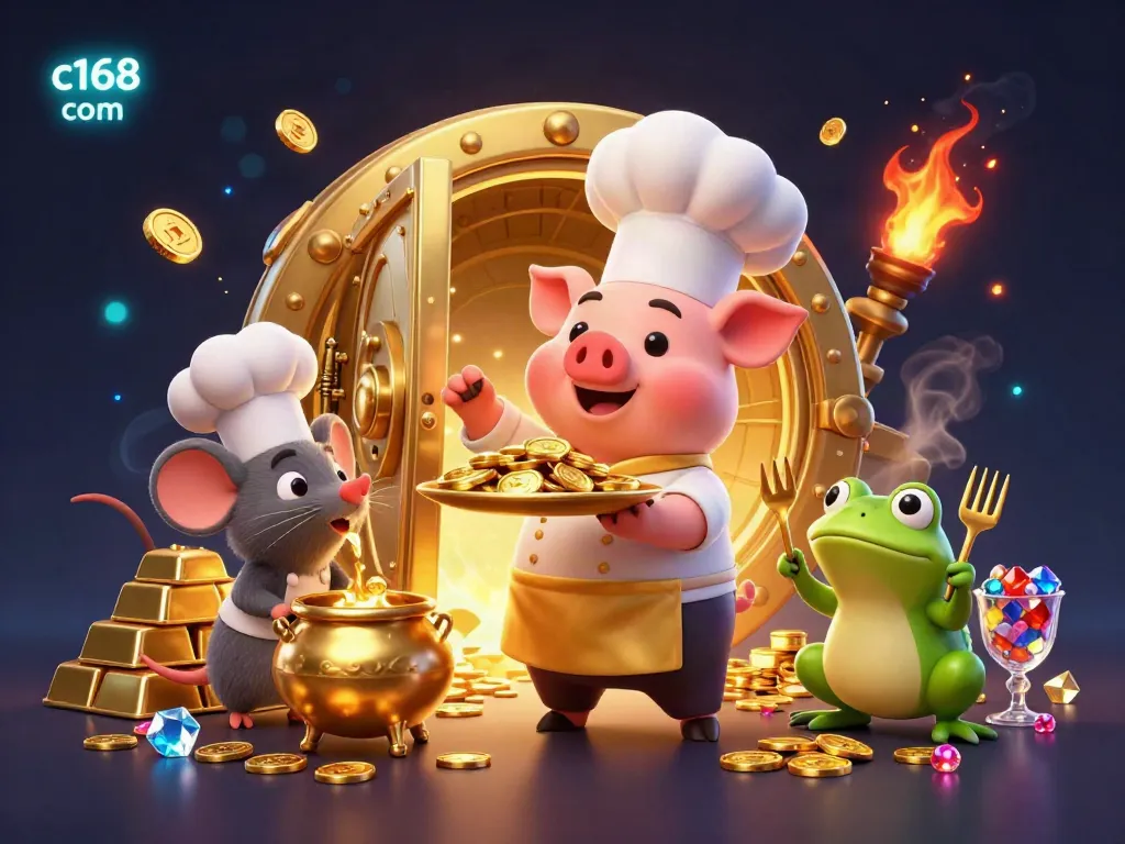 Experience excitement with c168 com through a 3D vibrant scene filled with gold coins and gaming elements.