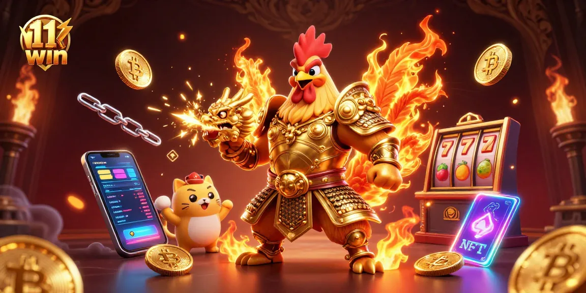 Experience thrilling gameplay with 11 win in a vibrant casino scene featuring unique characters and crypto elements.