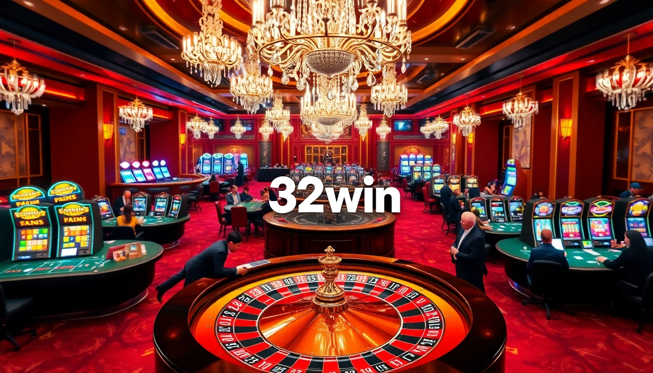 Intense gambling action showcasing 32win's luxurious poker tables and roulette wheel.
