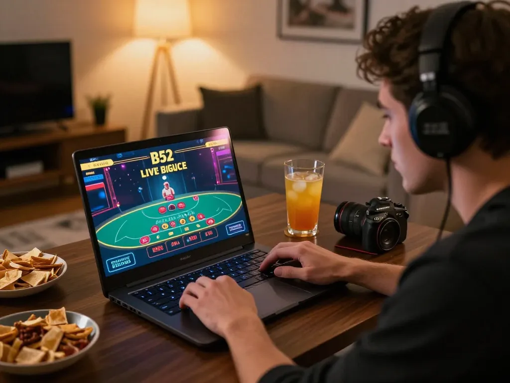 Người chơi câu lạc bộ B52 tận hưởng trò chơi blackjack với nhà cái trực tiếp trên laptop trong một không gian ấm cúng tại nhà