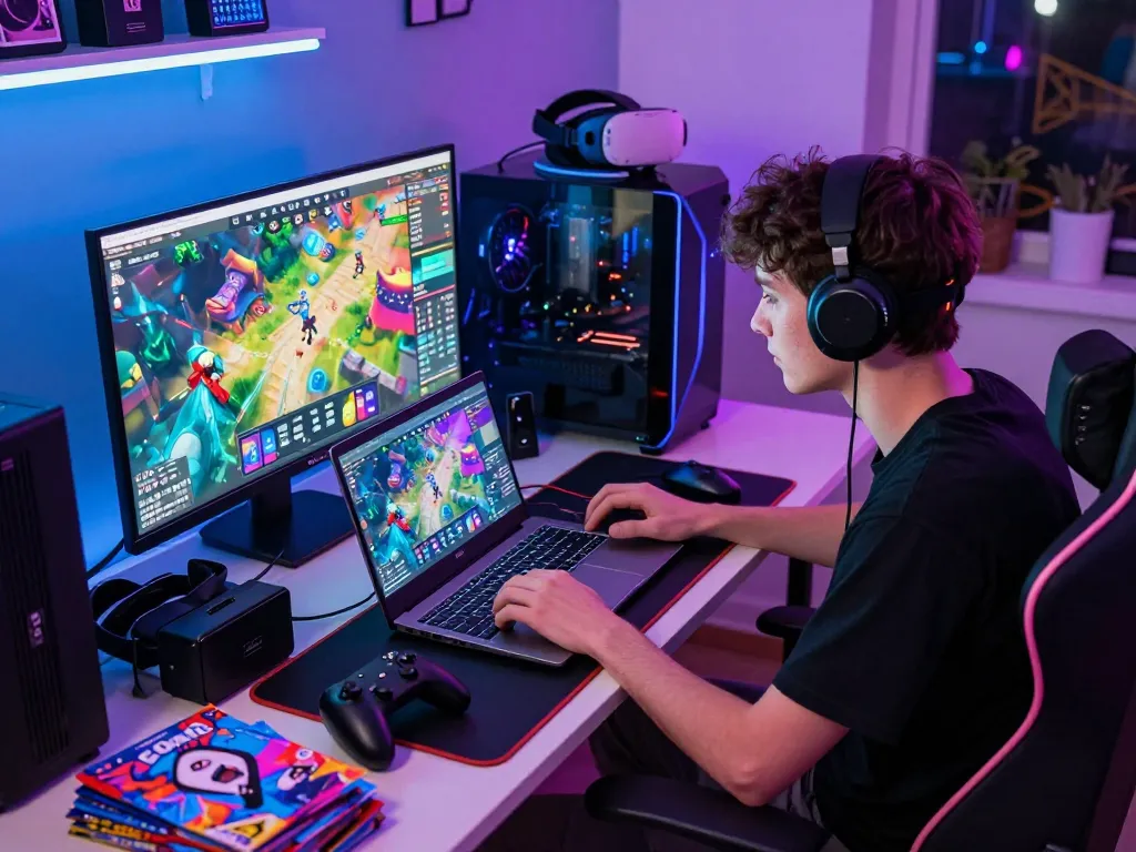 Exciting gaming atmosphere with 68win interface on laptop, vibrant neon lights.