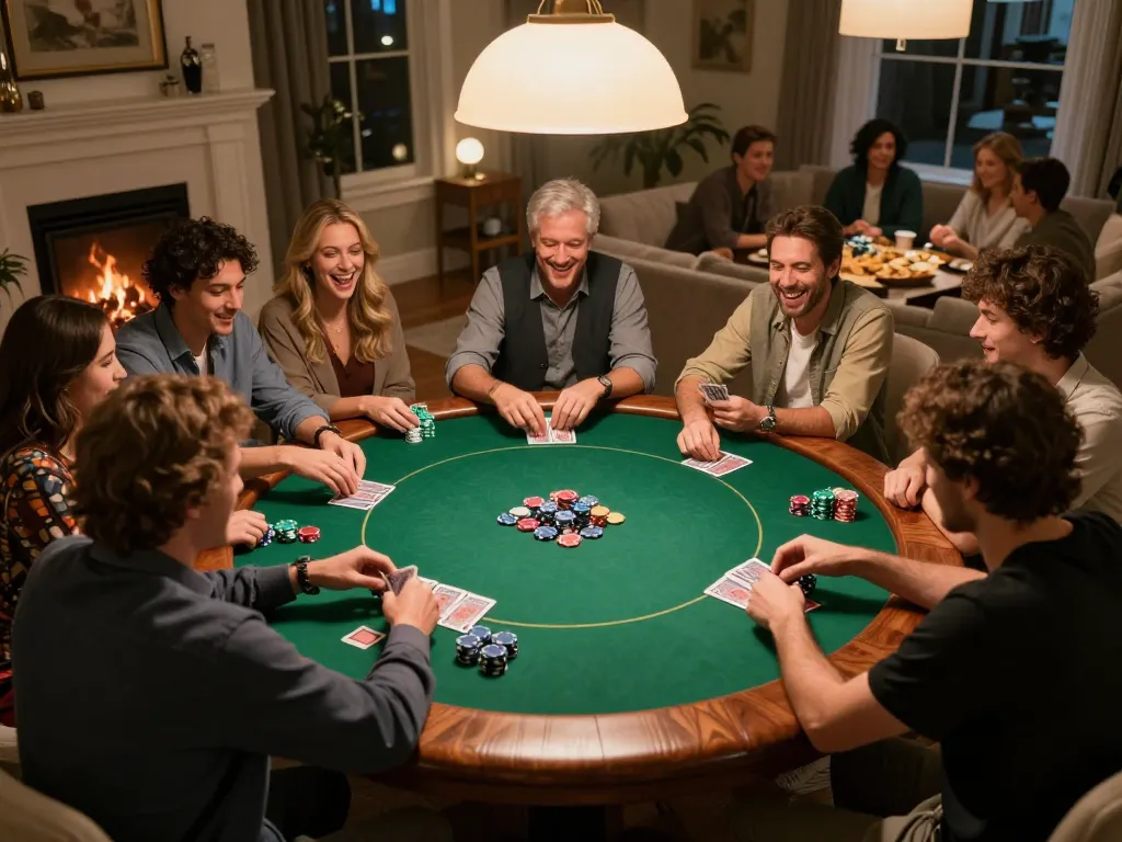 Engaging gameplay during a friendly home night with friends playing 9 Lotto 4D poker, showing cards and chips.