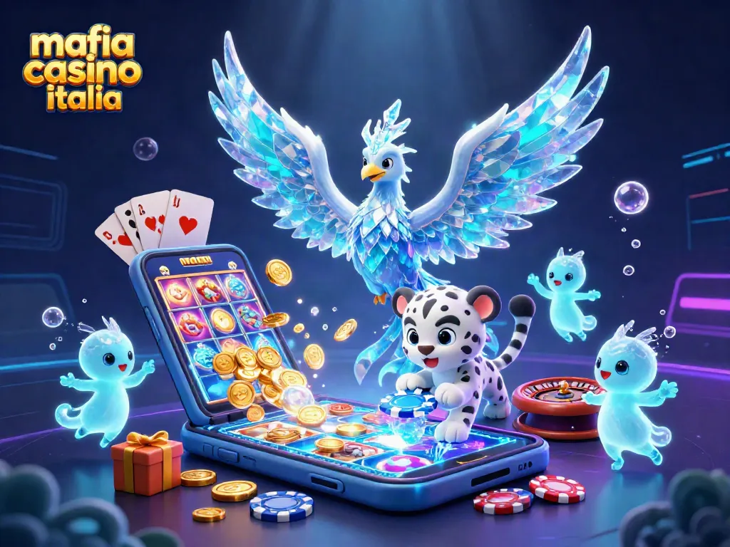 Mafia casino italia showcases an ice phoenix and playful snow leopard amid vibrant casino elements.