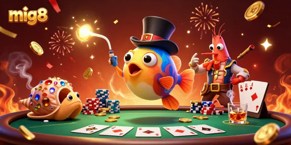 Experience the thrill of mig8 with an anglerfish, pirate shrimp, and gem snail amid vibrant casino action.