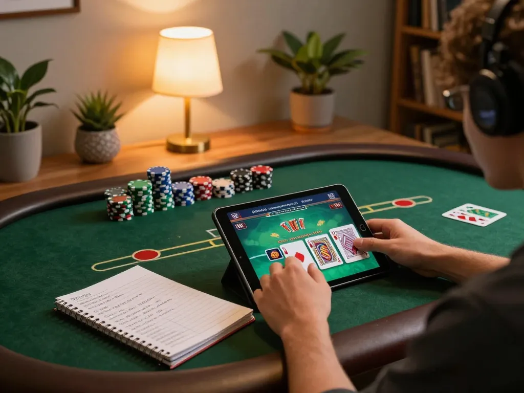Player engaging in online poker gameplay with cwin app on tablet, cozy home setting.