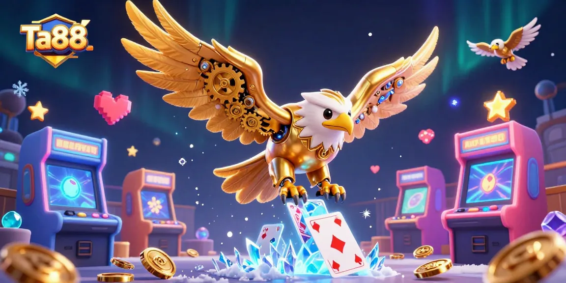 Engage with Ta88's thrilling casino experience featuring a dynamic 3D eagle and gaming elements.