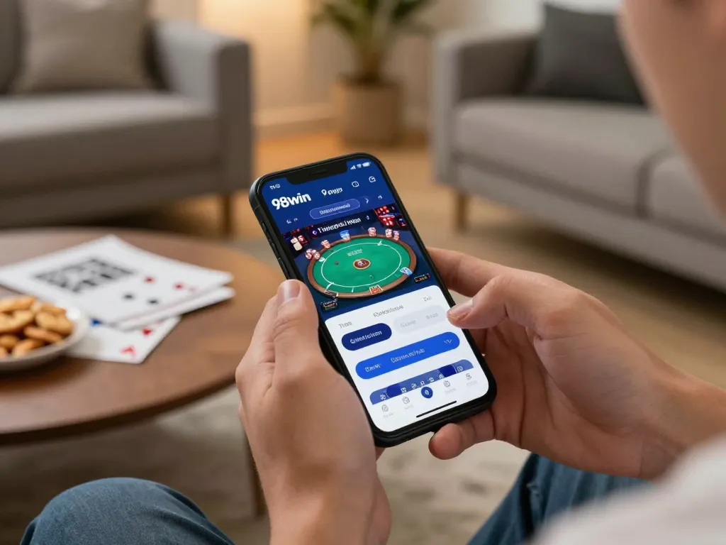 Engaging in 98win đăng nhập through smartphone while implementing effective poker strategies.