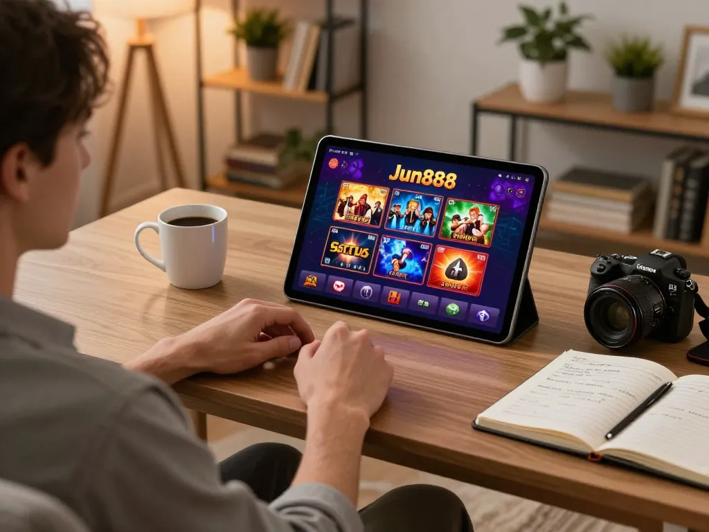 Experience dynamic gameplay with Jun888 app on a tablet in a cozy home atmosphere.