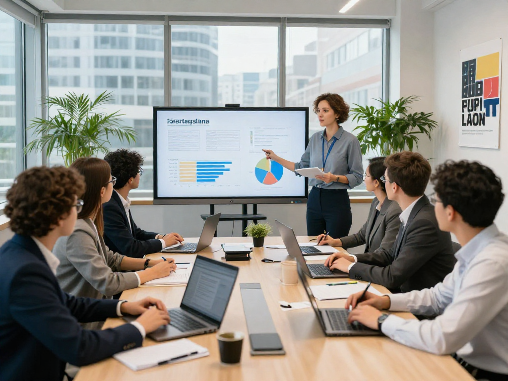 Grupp av professionella som diskuterar företagslån i ett modernt kontor.