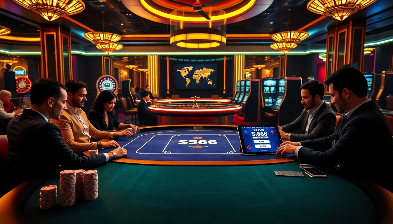S666 đăng nhập on a luxurious poker table surrounded by players in a vibrant casino atmosphere.