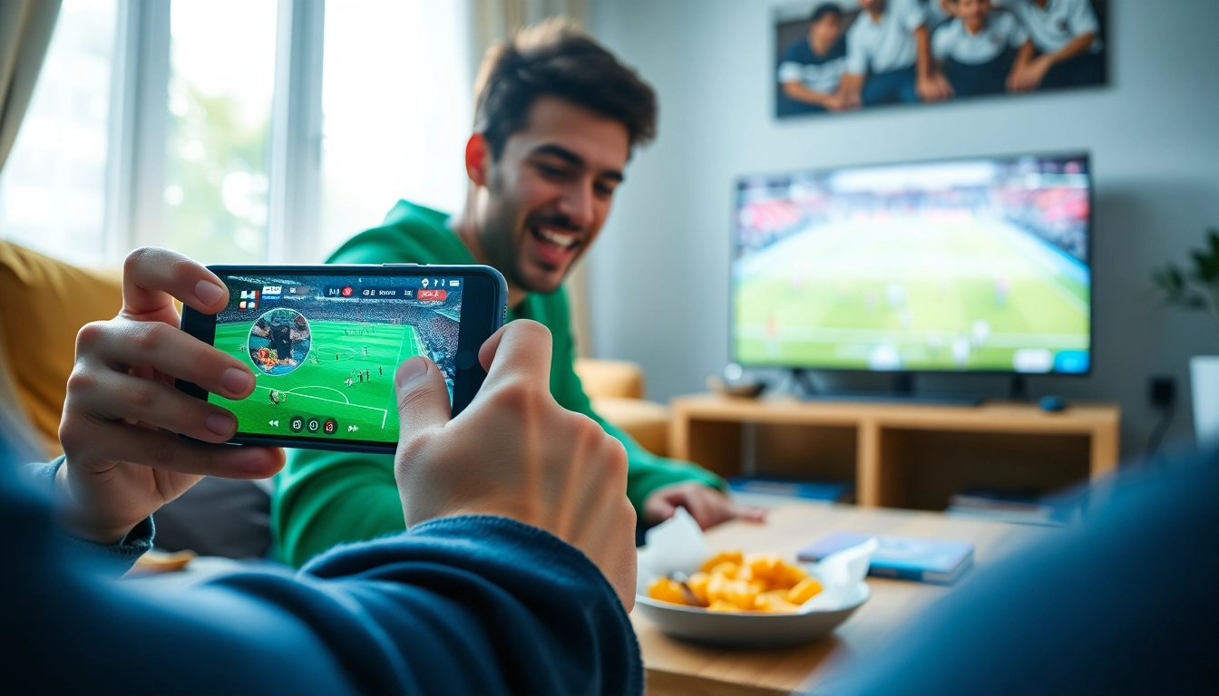 Engaged football fan watching a live match on https://okwintv.zone/ in a cozy living room.