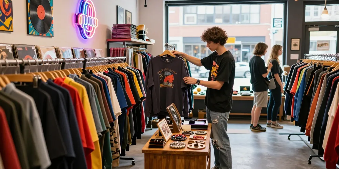 Shopping for rokok 88 vintage clothing in a vibrant urban shop with eclectic décor.
