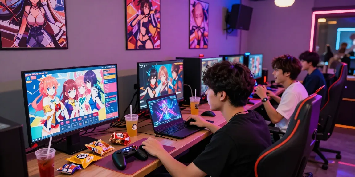 Gamers enjoying a hentai game in a colorful gaming lounge, showcasing vibrant characters and animated interfaces.