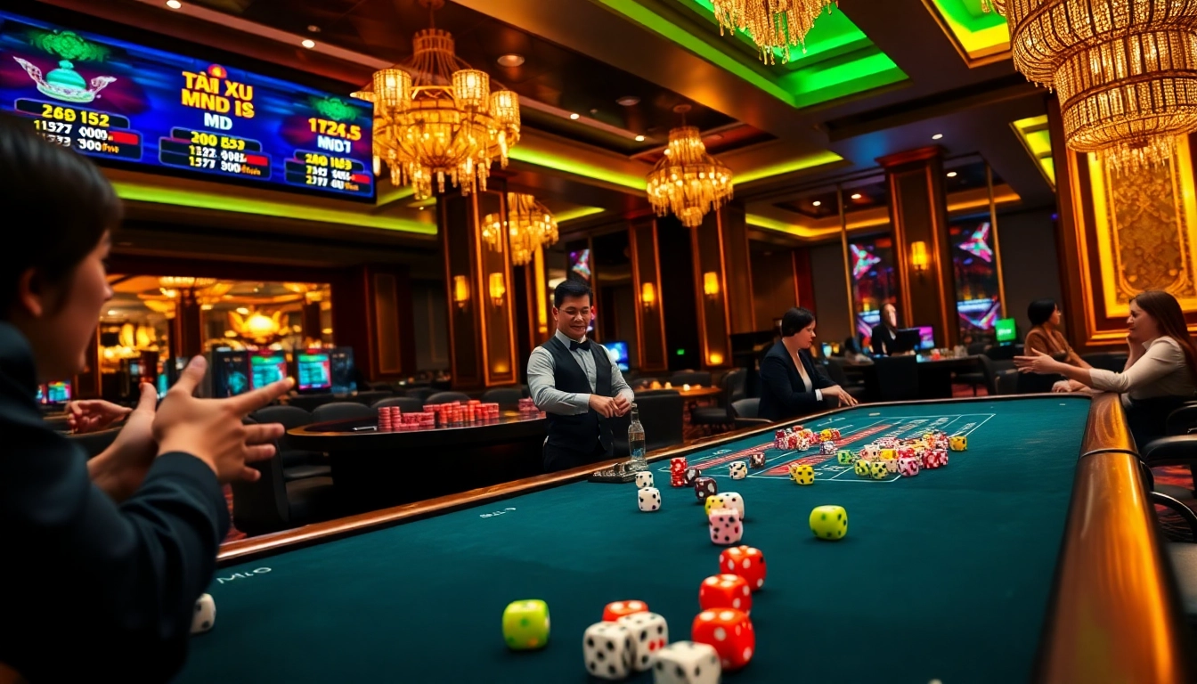 Tài Xỉu MD5 table with players betting on dice outcomes in a luxurious casino environment.