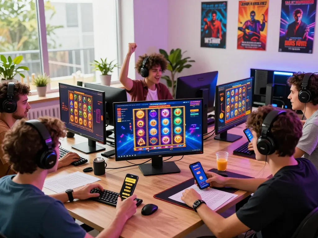 No Hu gaming scene with players celebrating wins and engaging with vibrant slot games in a modern home office setting.