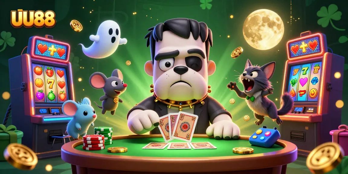 UU88 showcases a lively casino scene featuring a Frankenstein bulldog and werewolf kitten engaged in gaming.
